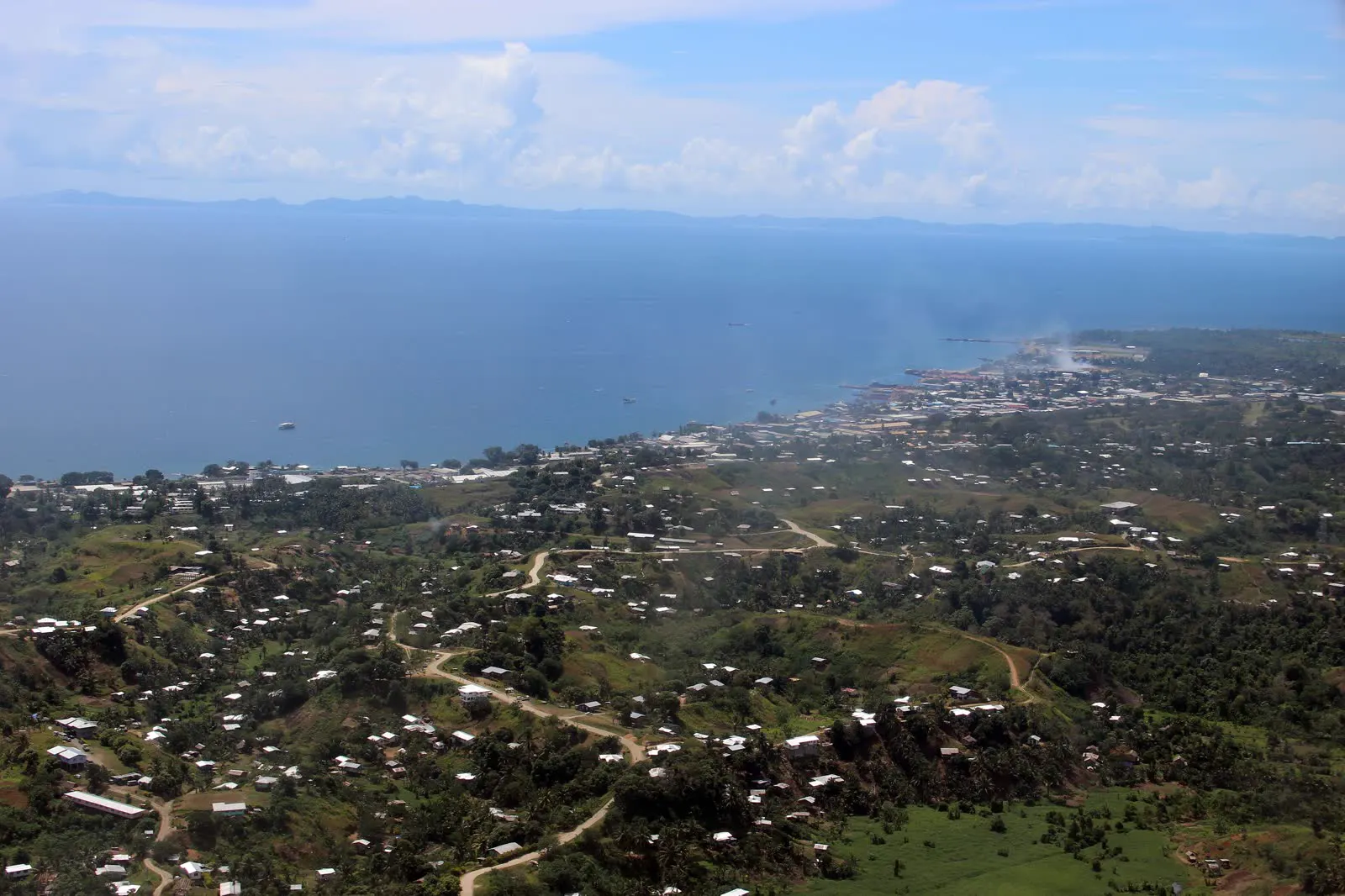 Aerial view of Honiara, Solomon Islands, and the hills behind the coast